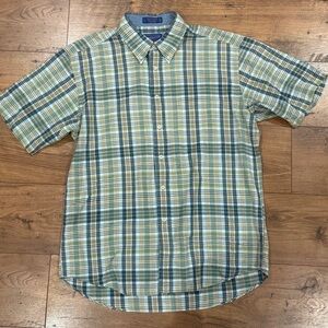 Pendleton Seaside Shirt Mens L Blue Green‎ Plaid Cotton Short Sleeve Button Up